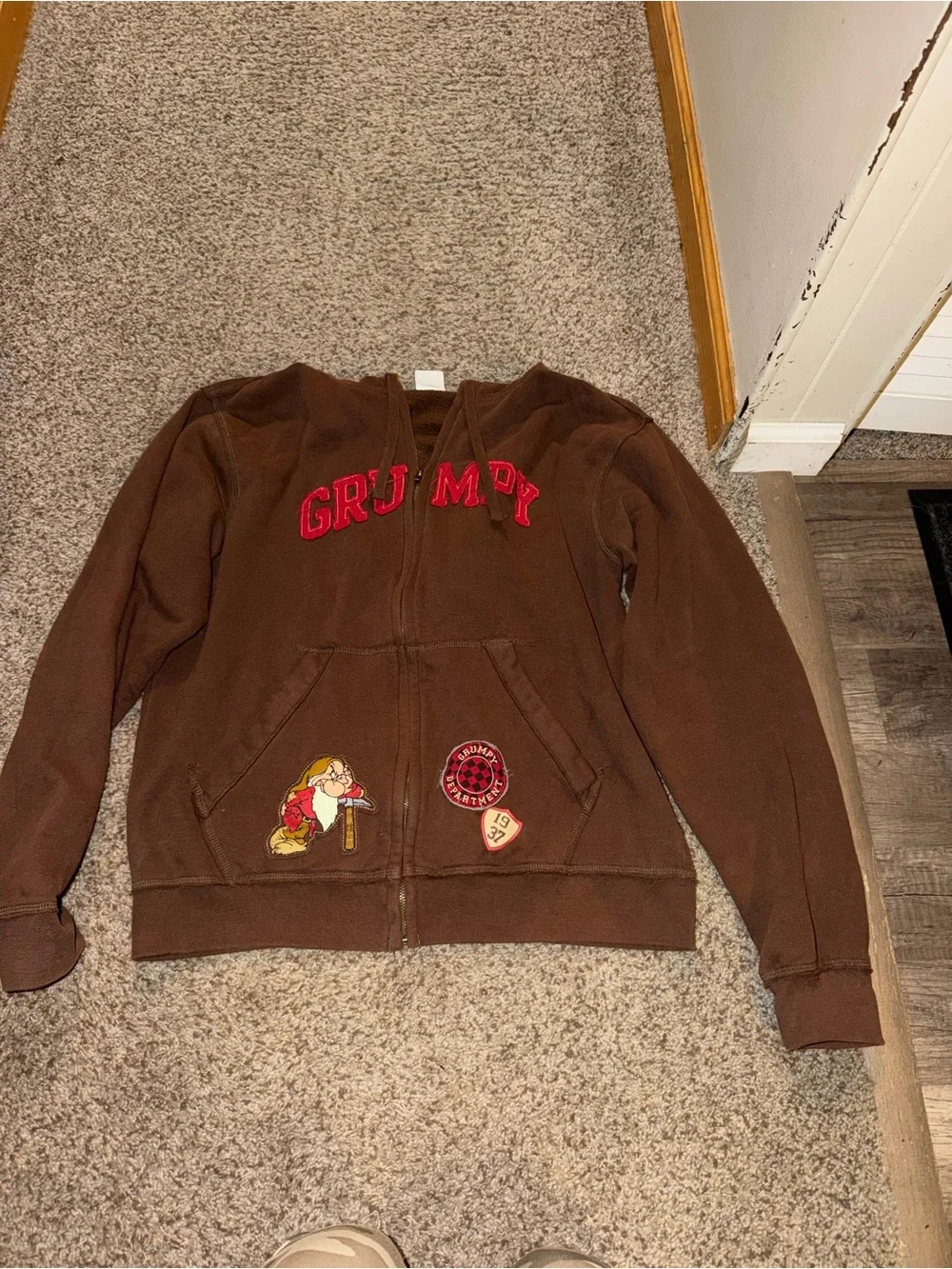 Disney Brown 'Grumpy' Kids Zip Hoodie with Character Patches